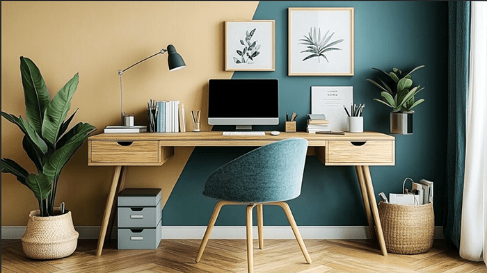 bureau et mur bleu et jaune