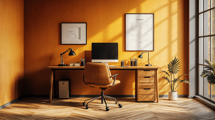 bureau avec mur jaune